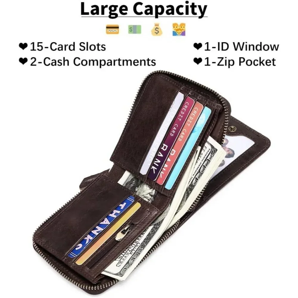 Men's A-Brown Wallets Genuine Leather Front Around Zip Pocket Credit Card